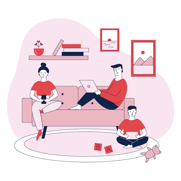 Family with digital devices flat vector illustration