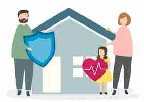 Free vector family with home insurance and security