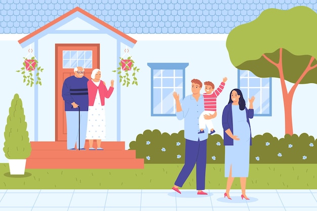 Free vector family with little boy leaving home and waving to senior parents standing on porch flat vector illustration