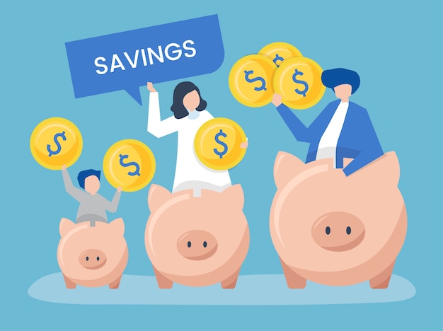 Family with savings and piggy bank icons illustration