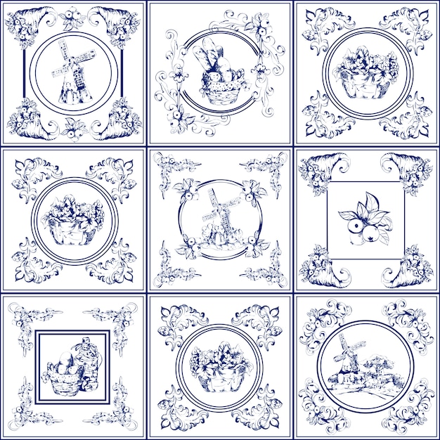 Free vector famous delft blue tiles icons collection