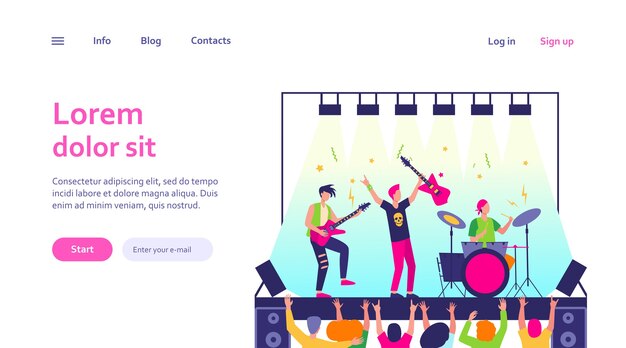 Famous rock band playing music and singing at stage web template. Cartoon crowd of people standing near scene and waving hands.