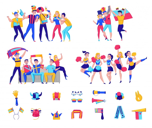 Fans cheering team icon set with groups of people and football attributes cheering for the team  illustration