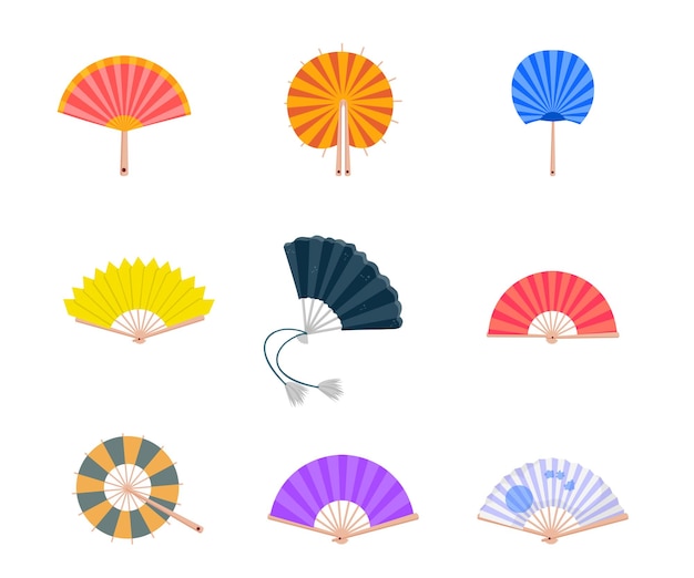 Fans set yellow violet black blue red hand fans stickers pack oriental souvenir traditional asian accessory isolated cliparts collection on white background