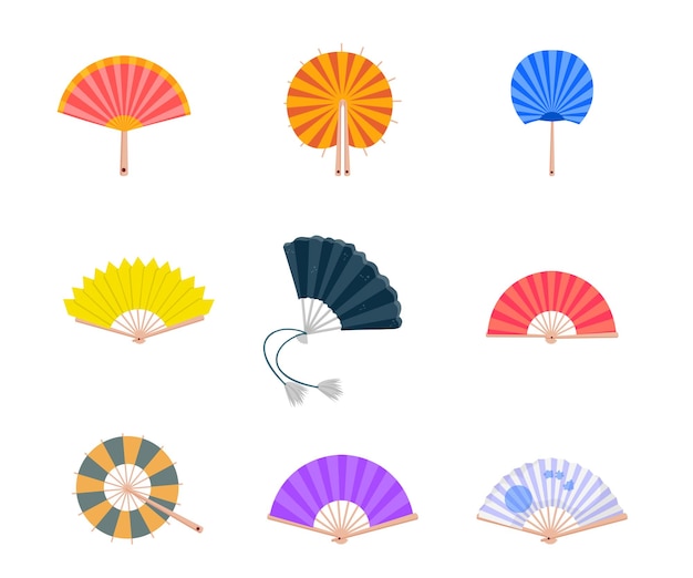 Fans set yellow violet black blue red hand fans stickers pack Oriental souvenir traditional asian accessory isolated cliparts collection on white background