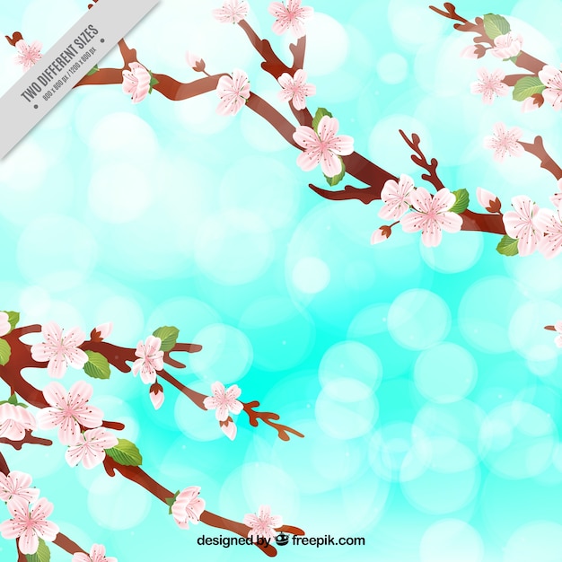 Fantastic background with cherry blossoms and shiny shapes