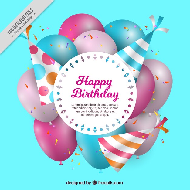 Fantastic birthday background with party hats and balloons in realistic style