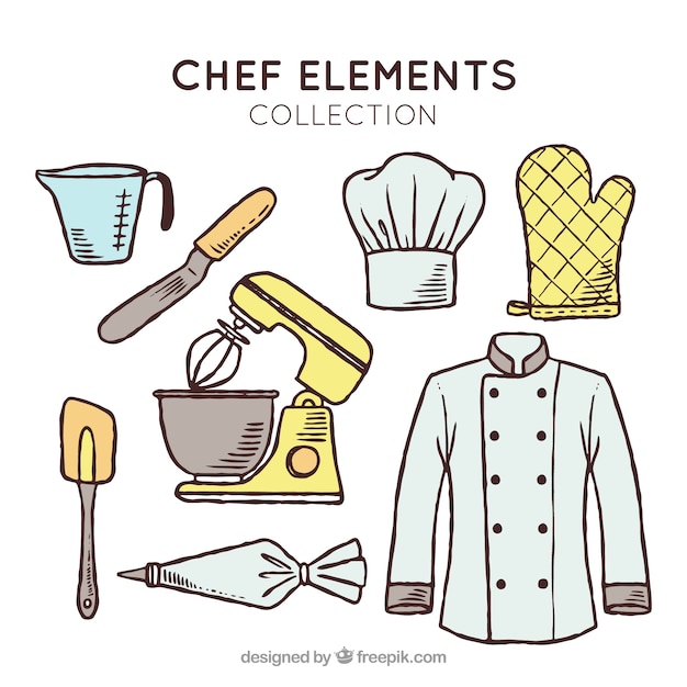 Fantastica collezione di elementi chef disegnati a mano