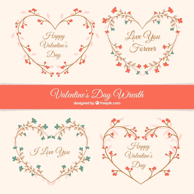 Fantastic floral wreaths in flat design for valentine's day