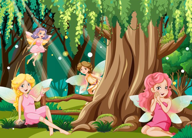 Fantastic forest scene with beautiful fairies