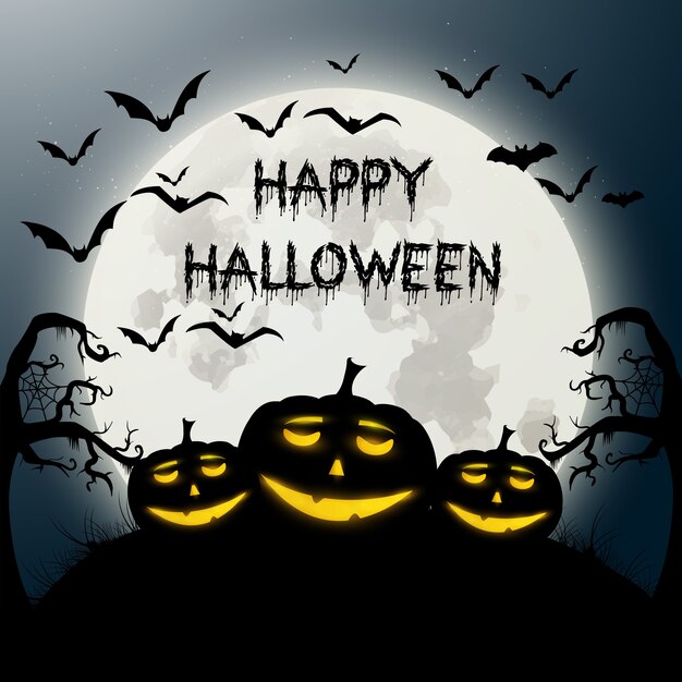 Fantastic halloween background with pumpkins and bats