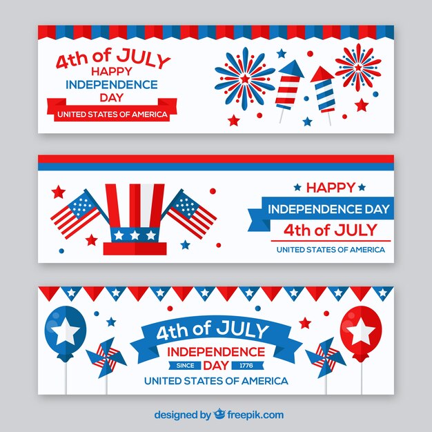 Free vector fantastic independence day banners with colored elements