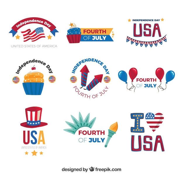 Free vector fantastic independence day labels in hand-drawn style