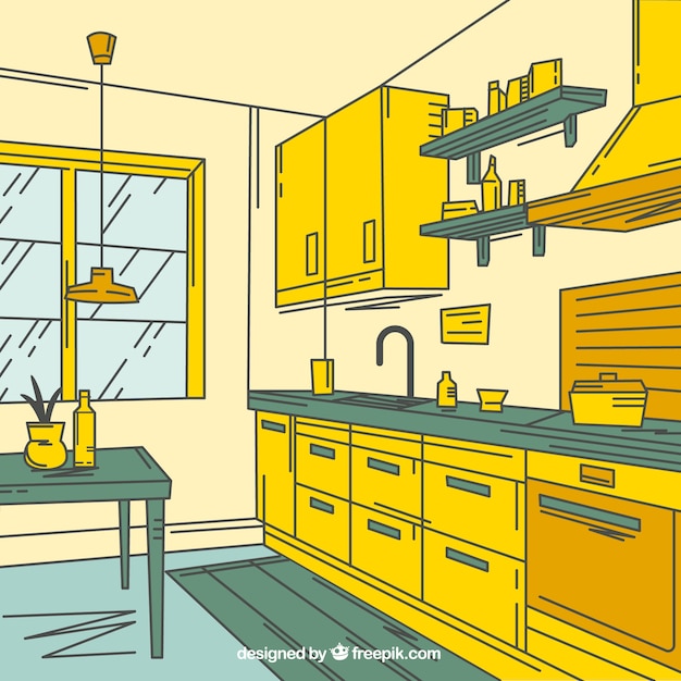 Free vector fantastic kitchen with green and yellow decoration