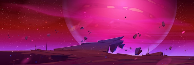 Free vector fantastic landscape with ledge and planet in sky