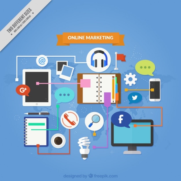 Fantastic marketing background with devices and tools