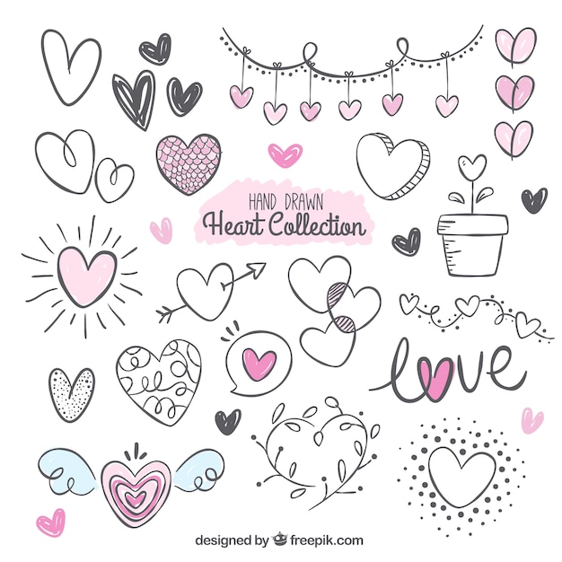 Fantastic pack with variety of hand-drawn hearts Premium Vector