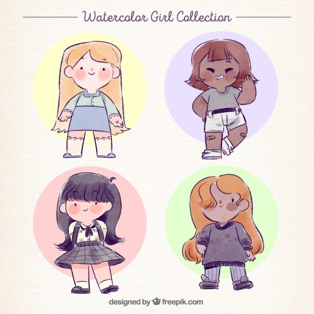 Free vector fantastic pack of young girls in watercolor style