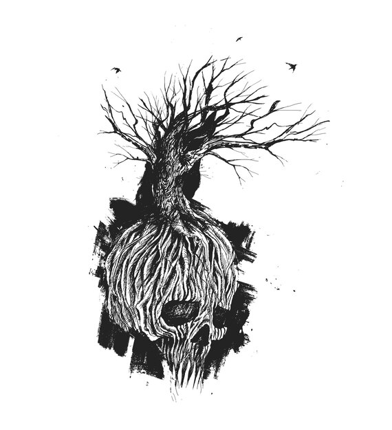 幻想的な頭蓋骨の木の根と枝手描きスケッチベクトル図