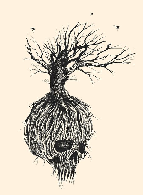 Fantastic skull tree roots and branches Hand Drawn Sketch Vector illustration