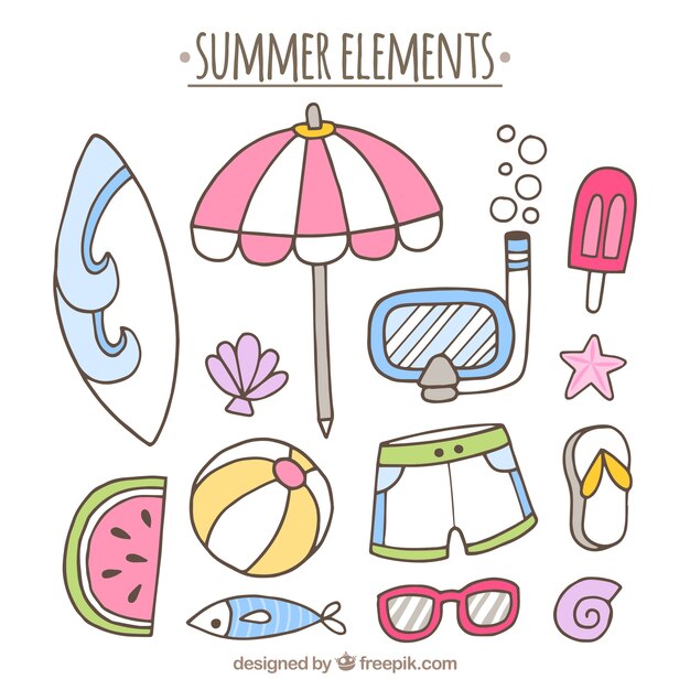 Fantastic summer elements in hand-drawn style