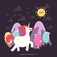 Free vector fantastic world background with cotton candy and unicorn