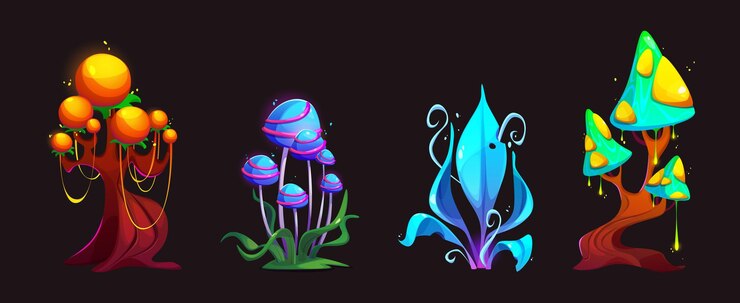Free Vector fantasy alien mushroom magic plant cartoon set