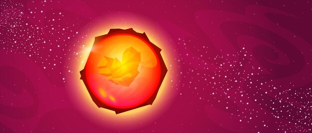 Fantasy alien planet in outer space Vector cartoon illustration of magic world asteroid or planet with transparent sphere and orange crystal inside on background of cosmos with stars
