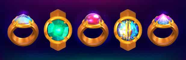 Free vector fantasy cartoon magic rings with beautiful gemstone or glowing crystal ui game asset accessories set with gems and diamond fairytale props from different angles ancient gui design elements