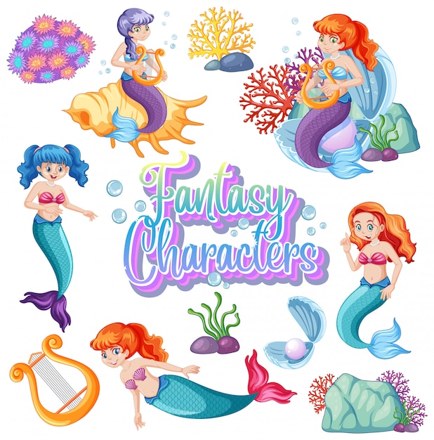 Fantasy characters logo with mermaids on white background