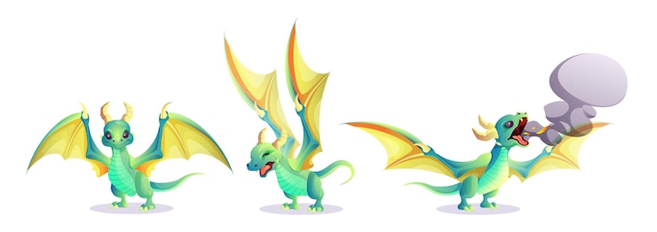 無料Vector ゲーム デザインのファンタジー ドラゴンかわいい漫画の妖精緑の爬虫類動物は火と煙を吐きますさまざまなポーズで翼角と尾を持つ神話上の魔法の生き物のベクトル イラスト セット