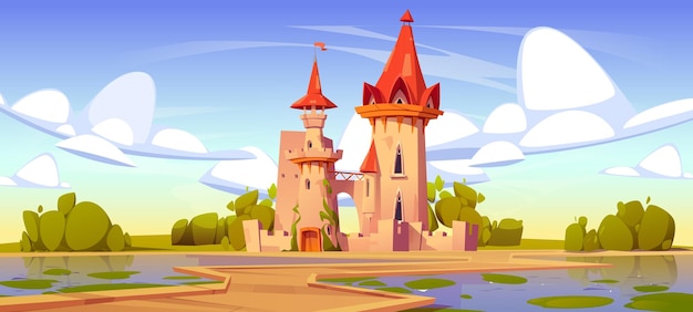 Free vector fantasy fairytale medieval house cartoon background magic princess palace near lake vector landscape illustration road to italian kingdom building on island in summer nenuphar in swamp water