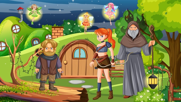 Free Vector fantasy folk cartoon characters in the forest