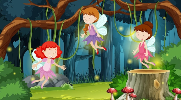 Free vector fantasy forest scene with fairy tales cartoon character