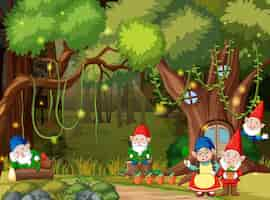 Free vector fantasy forest scene with gnome family