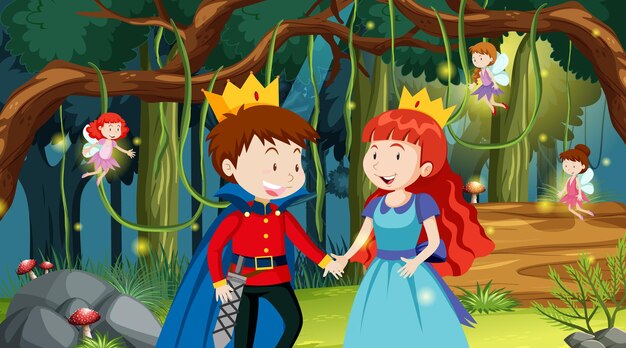 王子と王女とのファンタジーの森のシーン
