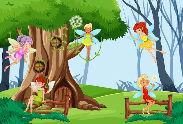 Free vector fantasy forest with cute fairies