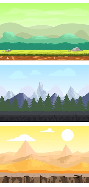 Free vector fantasy game design landscapes set with meadow forest mountain and desert sceneries