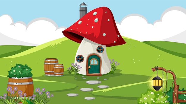 Vettore gratuito giardino fantasy con casa dei funghi hobbit