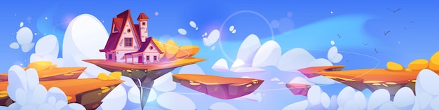 Free vector fantasy house on floating island in autumn sky cartoon landscape magic fairytale rock platform flying high in cloud with small hut building nature ui vector concept for videogame environment