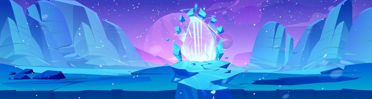 無料Vector 冬の魔法のポータルを持つファンタジー氷空間の背景平行次元漫画ゲームのパノラマ風景への旅行のための凍った雪のゲート誰もいないベクトル未来のおとぎ話の冒険シーン