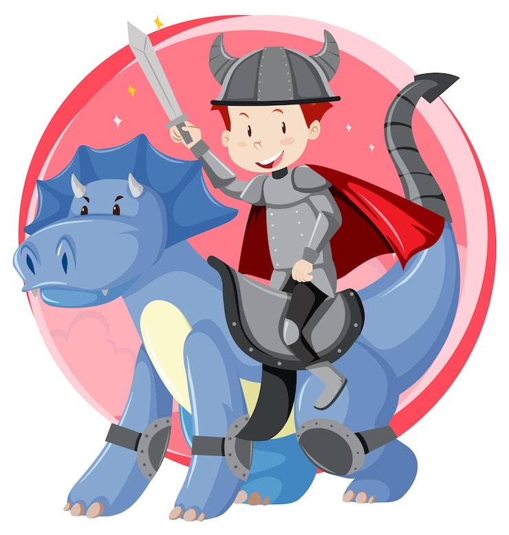 Free Vector fantasy knight character riding a dragon on white background