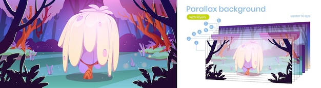 늪에 특이한 나무가 있는 숲의 판타지 풍경. 연못에 있는 환상적인 버섯의 만화 삽화가 있는 게임 애니메이션용 레이어가 있는 벡터 시차 배경