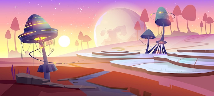 無料Vector 日没時に魔法の輝くキノコと植物のファンタジー風景