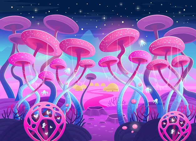 魔法の光るキノコと植物のあるファンタジー風景 巨大なキノコと山々と幻想的なエイリアンの自然のベクトル漫画イラスト 真菌と神秘的な屋外シーン 無料のベクター