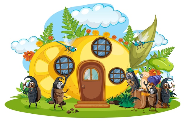 Free vector fantasy lemon house with cartoon beetles