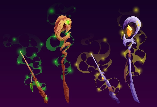 Free vector fantasy magic staves and wands wizard scepters