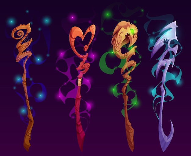 Free vector fantasy magic staves wizard or magician scepters
