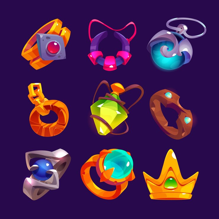 Free Vector fantasy medieval gold ring pendant ui game icon vector magic royal inventory asset element with beautiful gemstone cartoon amulet treasure accessories set fairytale props achievements