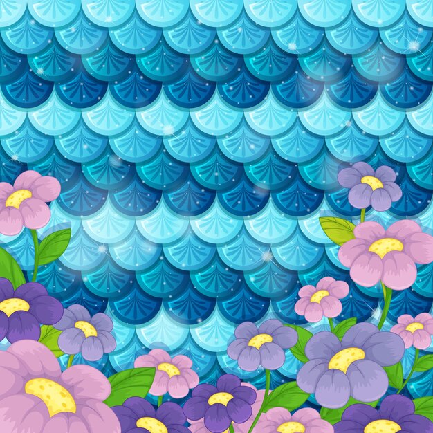 Fantasy mermaid scale pattern with many flowers